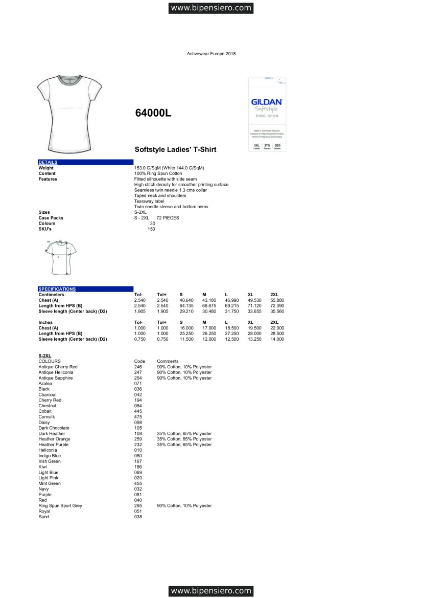 Scheda Tecnica - Tabella Taglie - Gildan GL64000L