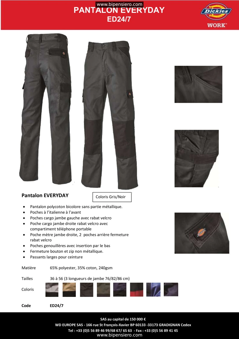 Scheda Tecnica - Tabella Taglie - Dickies DED247