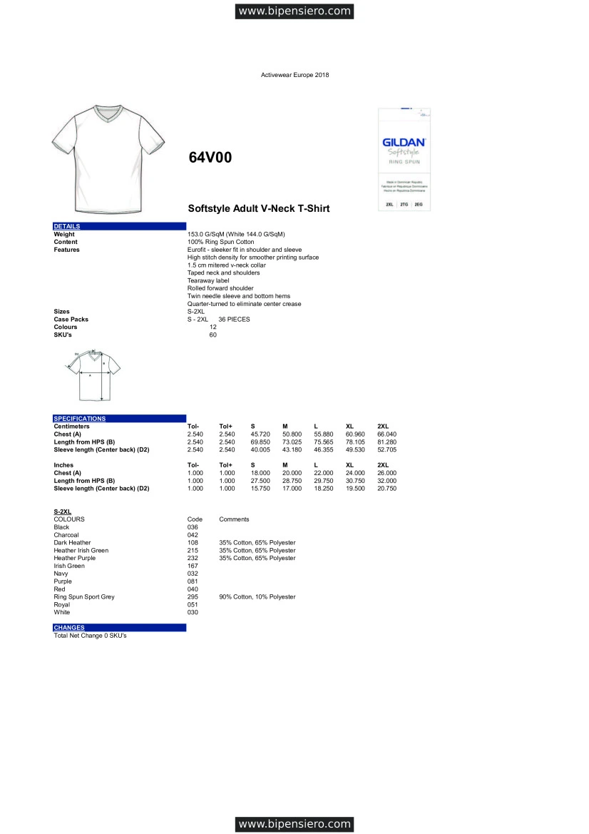 Scheda Tecnica - Tabella Taglie - Gildan GL64V00