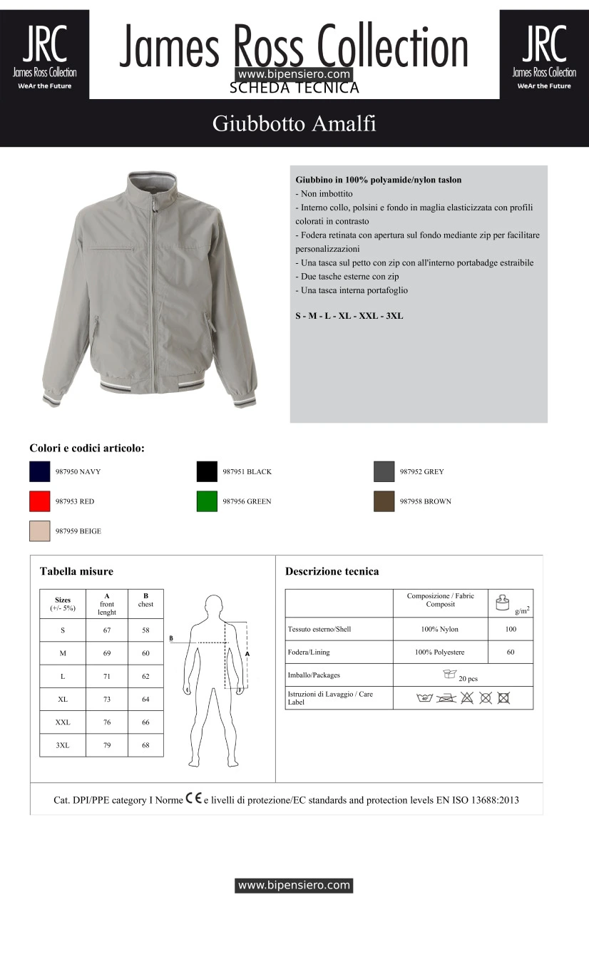 Scheda Tecnica - Tabella Taglie - James Ross Collection JRC-AMALFI