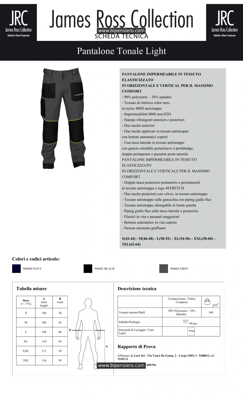 Scheda Tecnica - Tabella Taglie - James Ross Collection JRC-TONALELIGHT