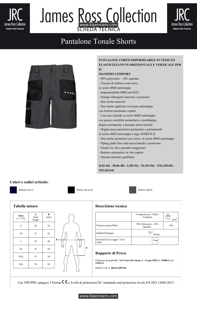 Scheda Tecnica - Tabella Taglie - James Ross Collection JRC-TONALESHORTS