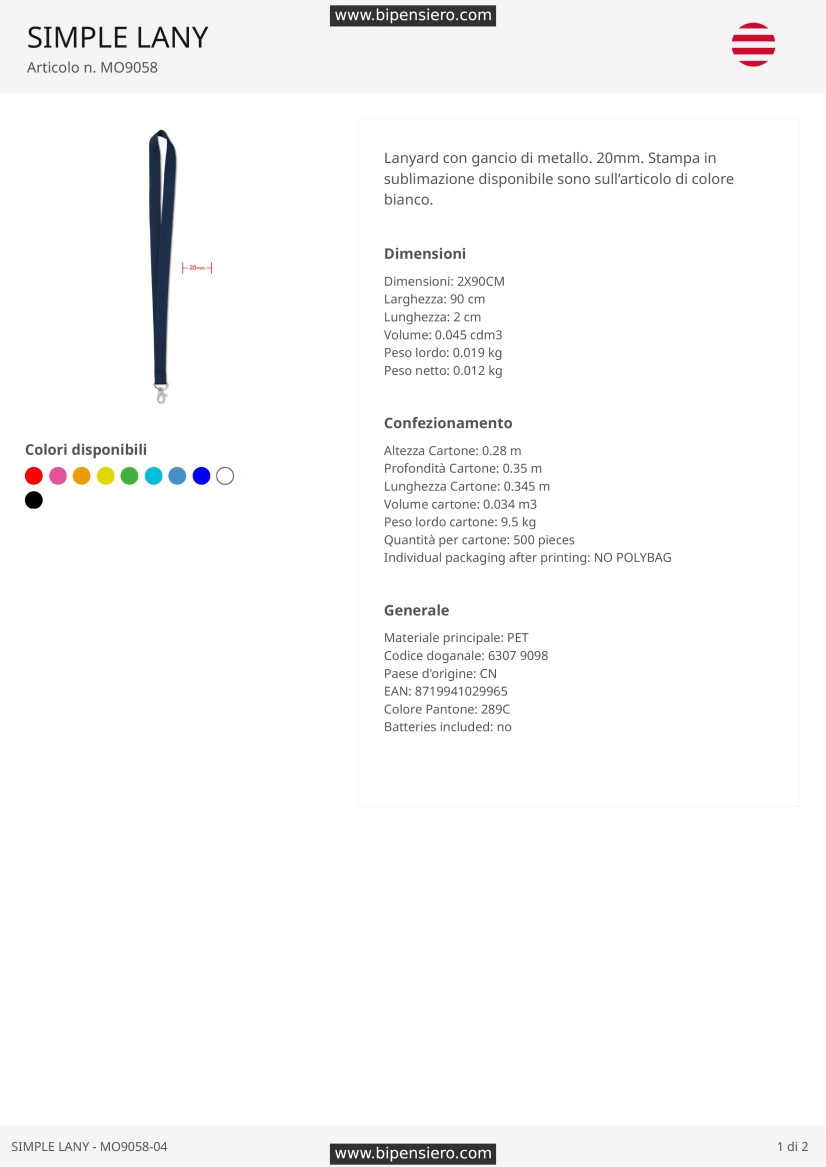 Scheda Tecnica - Tabella Taglie - MO9058