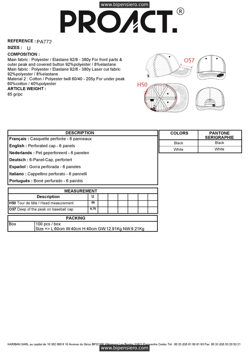 Scheda Tecnica - Tabella Taglie - Proact PA772